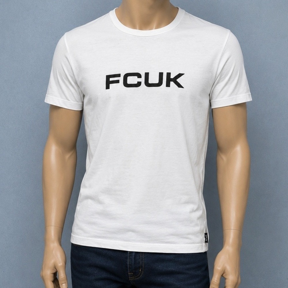 FCUK Mens T-Shirt Cream Off-White Logo Graphic Streetwear Medium